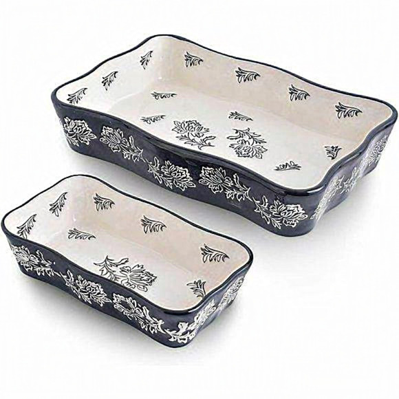 Casserole Ceramic Lasagna Pan 2-Pcs‎  Black Floral Print Bakeware Sets - Picture 1 of 5